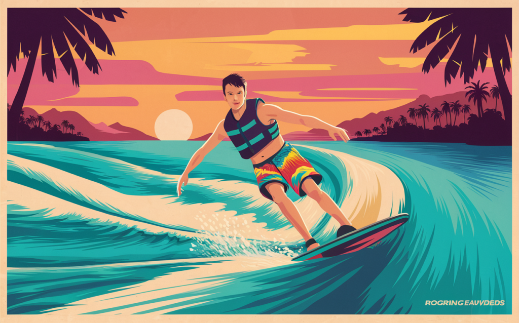 An illustration of a young man surfing on a large wave in front of a picturesque sunset over a tropical beach with palm trees and mountains in the background.